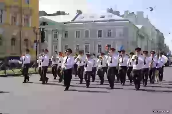 Airborne Forces Day. Orchestra procession on the Millionnaya street.