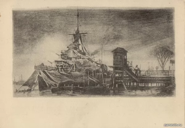Гвардейский эсминец «Стойкий» ведёт артиллерийскую стрельбу. Рисунок 1945 года