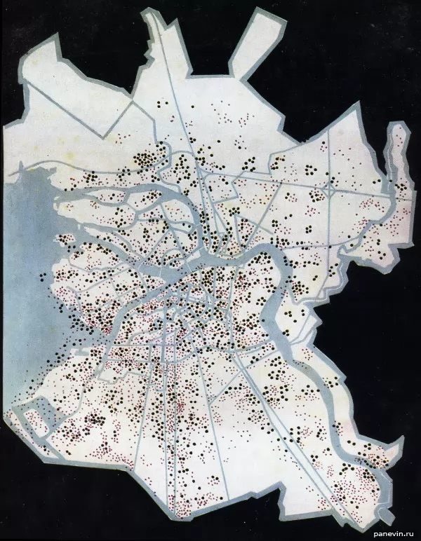 Карта попаданий бомб и снарядов в результате бомбардировок и артобстрелов Ленинграда