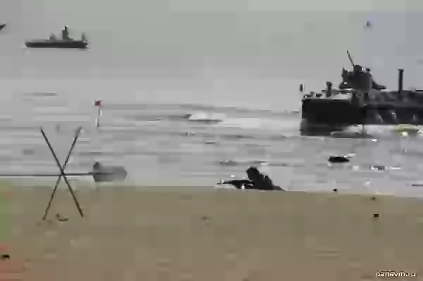 Marines landing, landing armored troop-carrier (BTR)
