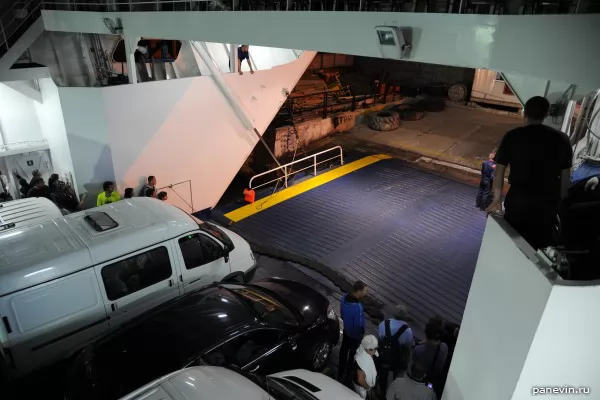 Cars in the ferry before unloading