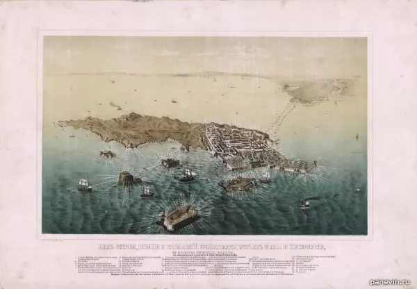 Вид острова, гавани и укреплений Кронштадта, устьев Невы и Петербурга, с высоты птичьего полёта