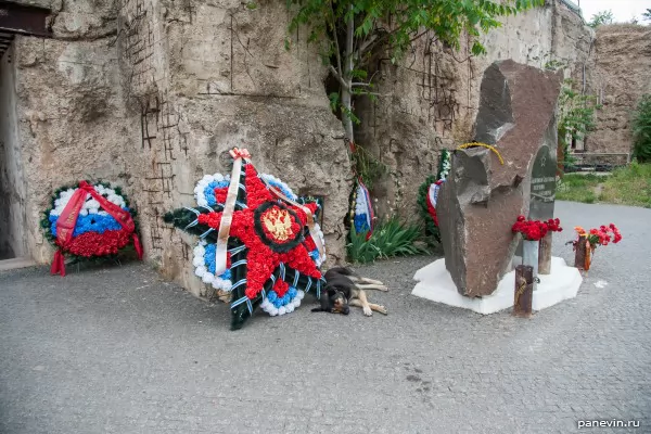 Wreaths at a monument to defenders of the battery
