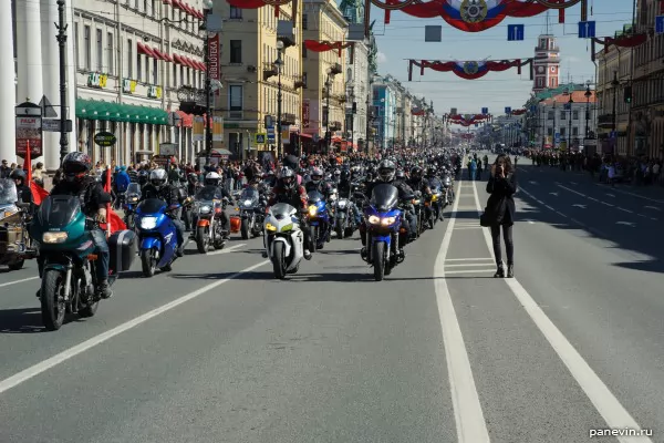 Column of motorcyclists on Nevsky prospectus