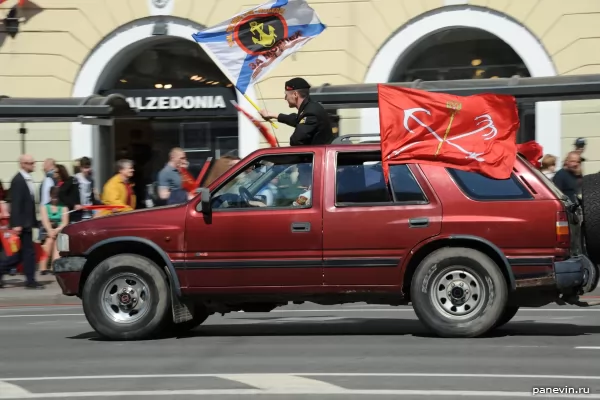 Jeep with flags of St.-Petersburg and marines