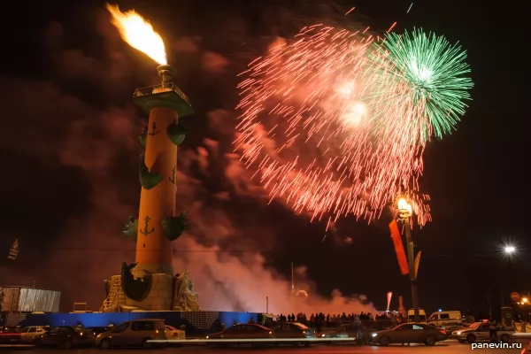 Rostral column and volleys of fireworks at day of lifting of a blockade