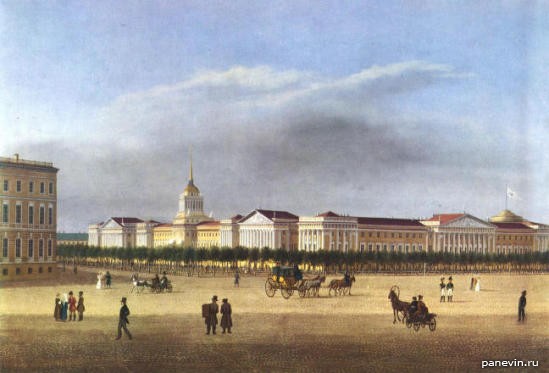 Вид от Дворцовой площади на Адмиралтейство. Гуашь И.-В.-Г. Барта. 1810-е, Дворцовая площадь, К. И. Росси, Правление Александра I