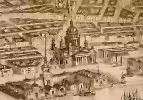 Общий вид Санкт-Петербурга с окрестностями с высоты птичьего полета. 1840-е. Гравер А. Аперт по рисунку И. Шарлеманя. Фрагмент