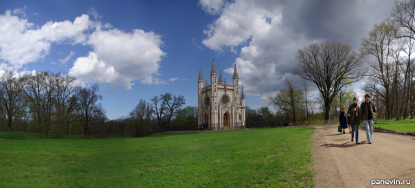 Gothic church in Peterhof. A panoramic kind.