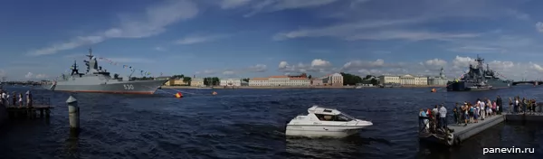 Panorama of the Neva with ships in the roads