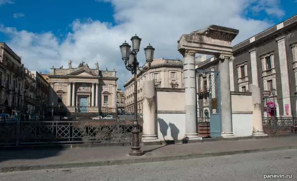 Columns before ruins of the Roman amphitheatre in Catania