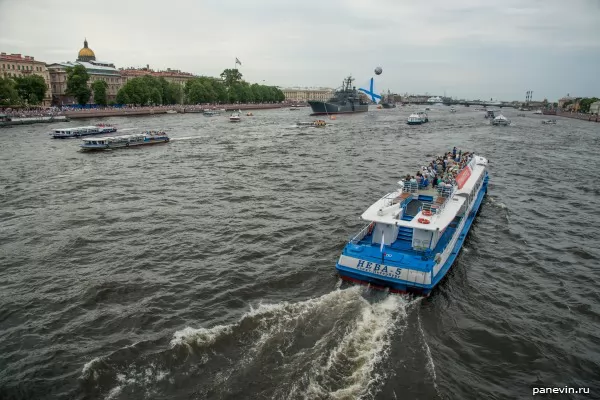 Water area of Neva with navy ships