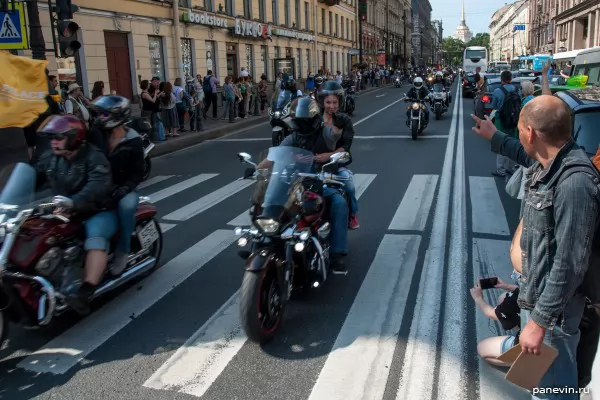 Column of bikers on Nevsky prospect