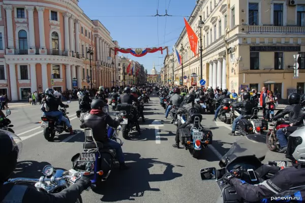 Column of bikers on Nevsky avenue