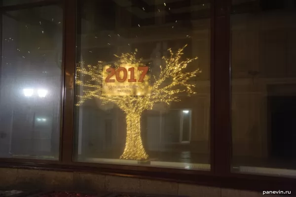 Golden tree, reflexion in a window
