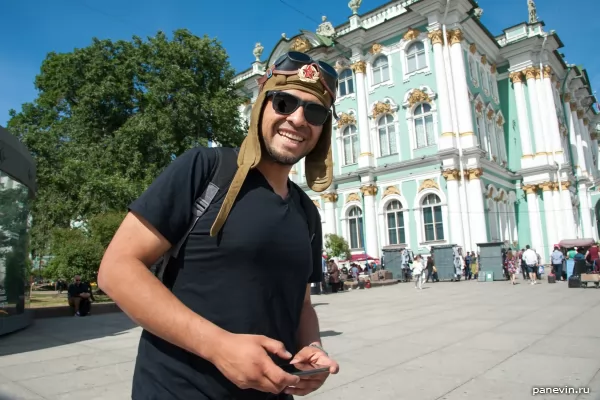 Football fan from South America in helmet