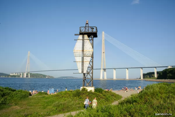 Corner sign and view of the Russian bridge